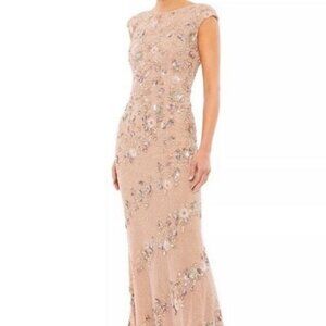 Mac Duggal Nude Blush Silver Floral Beaded Sequin Column Gown